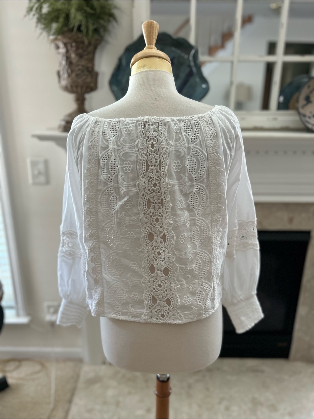 Jennifer & Grace White Lace Peasant Blouse with Tie Neck - Picture 8 of 11